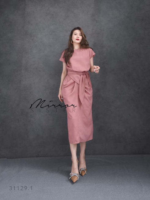 Women Classy Waist Tie Mid Length Back Slit Dresses